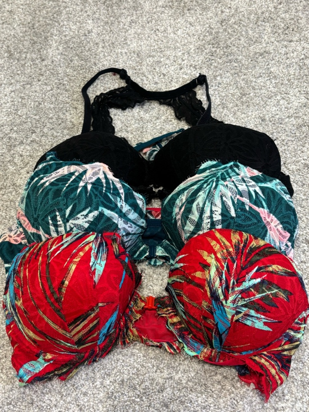 Women’s Tropical Print Padded Bras - Red, Teal & Black. Set of 3. 36 C.
